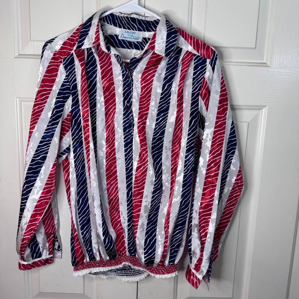 Vintage Da-Rue for Drapers & Damons Red White Blue Stripe Blouse Top Sz Medium
